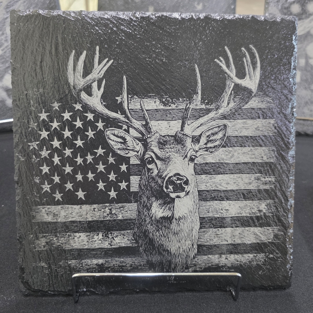 Etched Deer Head Slate Plaque with American Flag 10 X 10